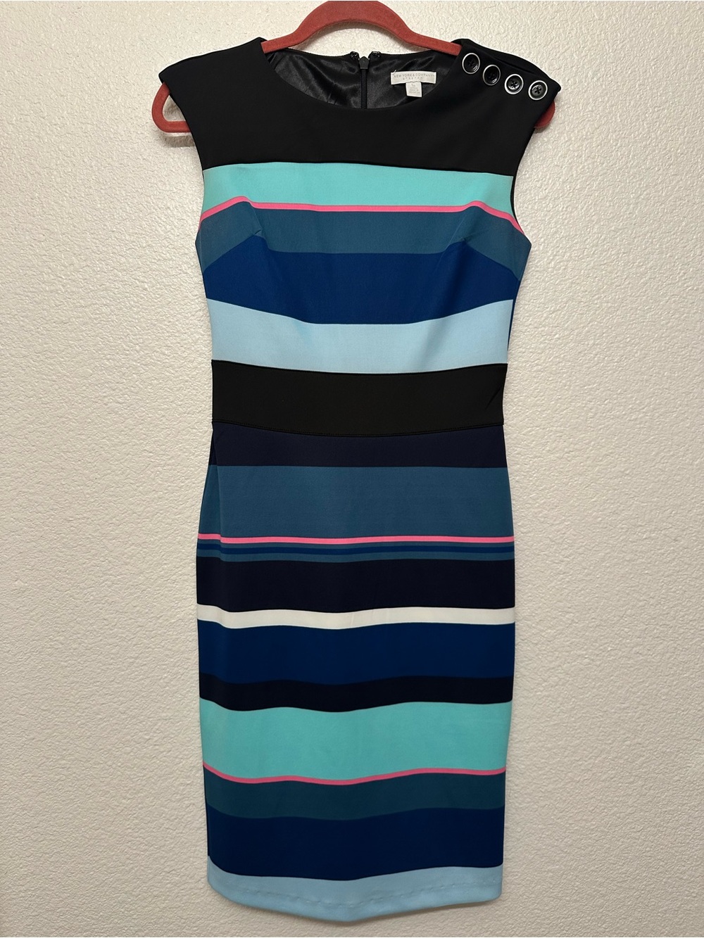 New York & Company Striped Midi Sheath Dress in Black, Blue, Aqua and Pink